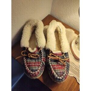 LL Bean Wicked Good Moccasin Women's 8M 8 Plaid Shearling Lined Slippers Used